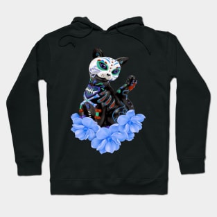 Day Of The Dead Sugar Skull Cat Blue Flowers Hoodie